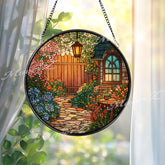 Garden Path Stained Glass Suncatcher, Round Cottage Flower Window Panel with Lantern and Gate, Cozy Home Decor Glass Art Gift